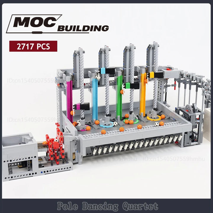 MOC GBC Module Pole Dancing Quartet Building Blocks featuring a creative mechanical setup with four moving figures, ideal for DIY assembly and technology enthusiasts.