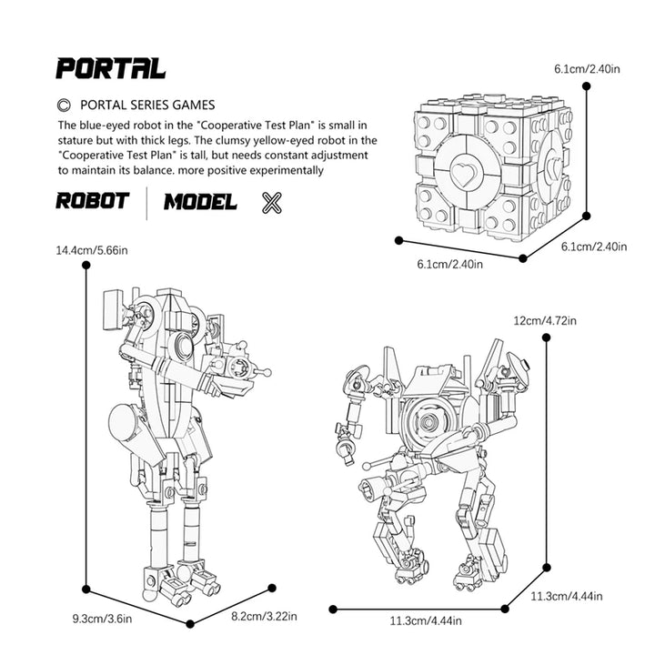 MOC Game Nendoroids-P-Body and Atlas Building Block Set featuring detailed models from Portal 2, ideal for kids, STEM education, and as a DIY birthday gift.