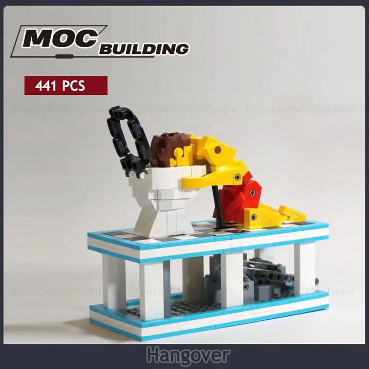 MOC Hangover Motor Building Block Set featuring a humorous mechanical contraption depicting a hungover character leaning over a toilet, perfect for fans of quirky and creative builds.