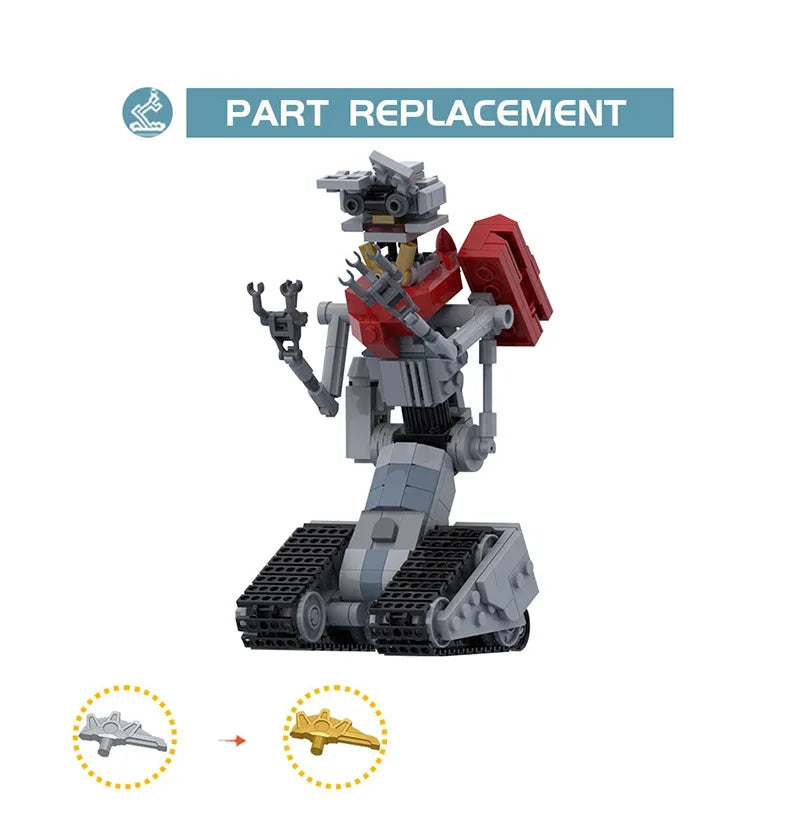 MOC Johnny 5 Mecha Robot Building Blocks Set inspired by the movie "Short Circuit," featuring a detailed military war robot toy with 382 pieces, perfect for kids and collectors