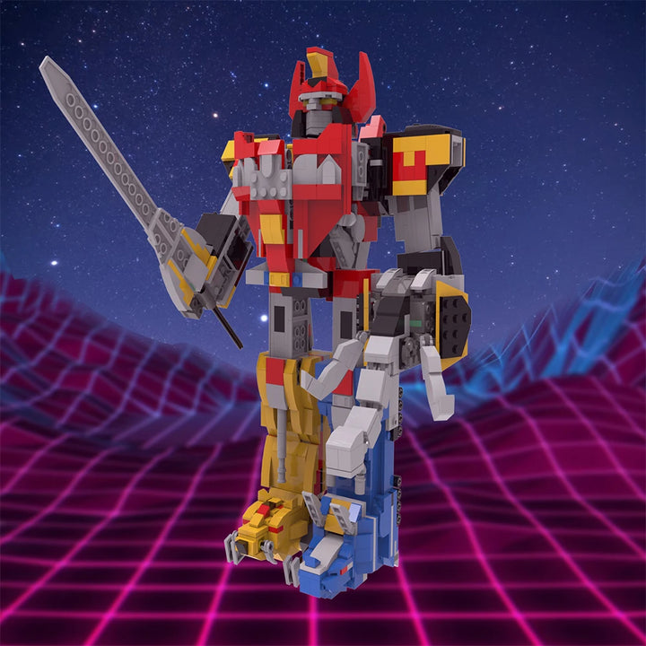 MOC Mecha Transforming Robot Building Blocks Kit showcasing a powerful Megazord action figure in vibrant colors, ideal for kids and Power Rangers fans.