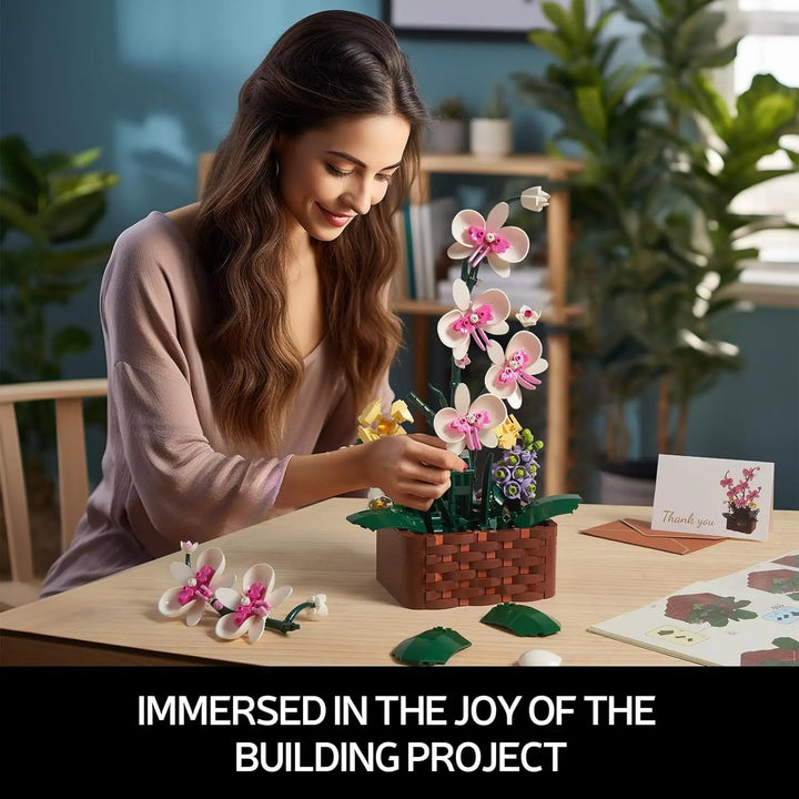  MOC Orchids Potted Building Blocks Succulents Model featuring a beautifully detailed orchid design, perfect for girls, home decoration, and holiday gifts.