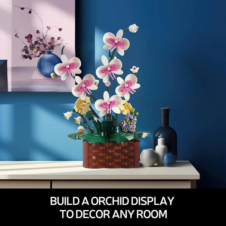  MOC Orchids Potted Building Blocks Succulents Model featuring a beautifully detailed orchid design, perfect for girls, home decoration, and holiday gifts.