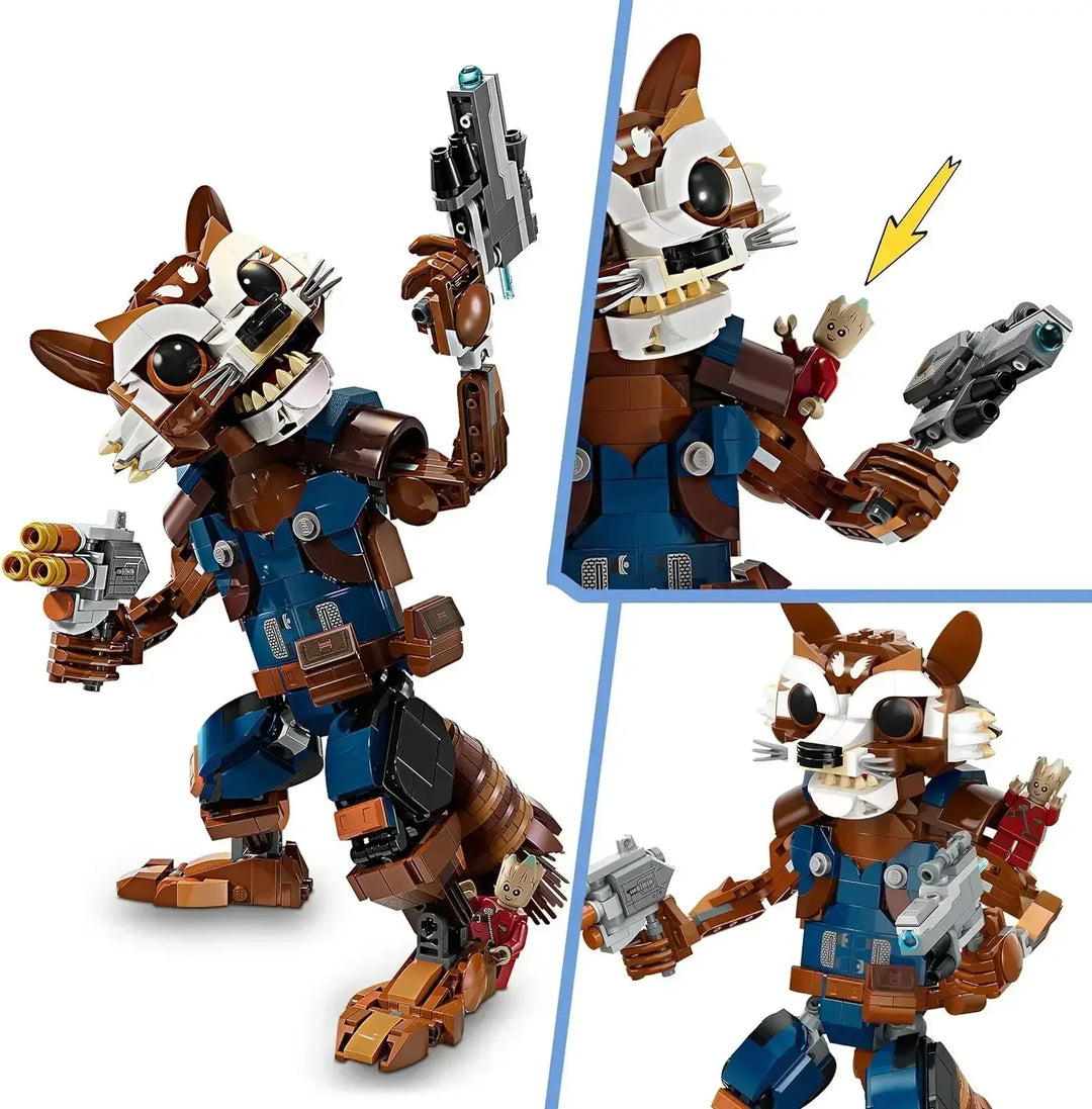 MOC Rocket Raccoon Building Block Set featuring an action-packed Space Warrior model with detailed weaponry and expressive features, ideal for kids aged 10+ and fans of cosmic adventures.