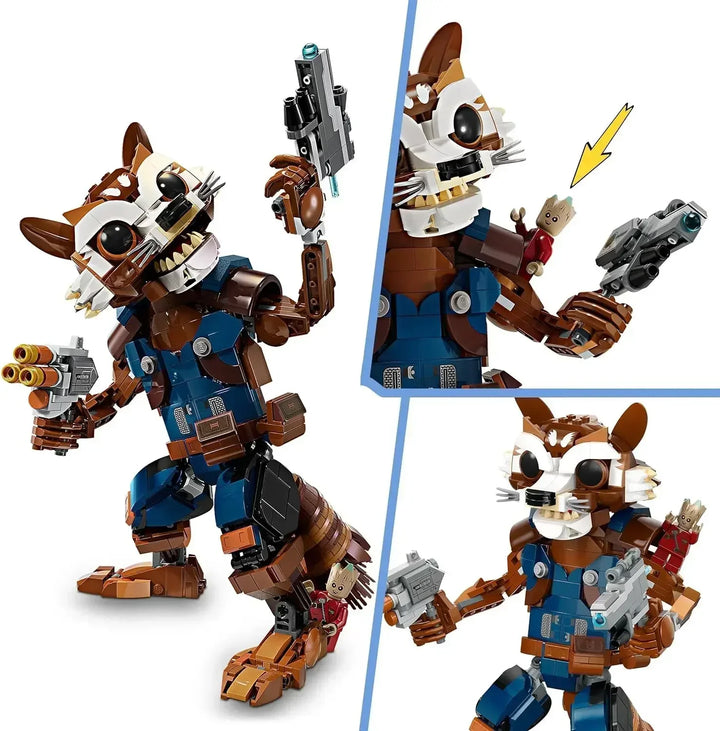 MOC Rocket Raccoon Building Block Set featuring an action-packed Space Warrior model with detailed weaponry and expressive features, ideal for kids aged 10+ and fans of cosmic adventures.