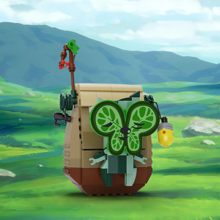 MOC Tears of the Kingdom Korok’s Backpack Building Blocks Kit featuring a detailed Korok character and its iconic backpack, perfect for kids and gaming fans.
