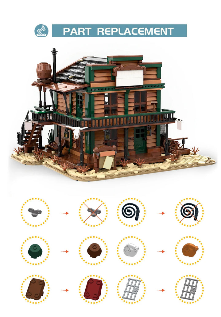 MOC Wild West Two-Story Detached Architecture Building Brick Set featuring a detailed Wild West-themed structure with living area and cell, comprising 3032 pieces, ideal for historical and Western model enthusiasts.