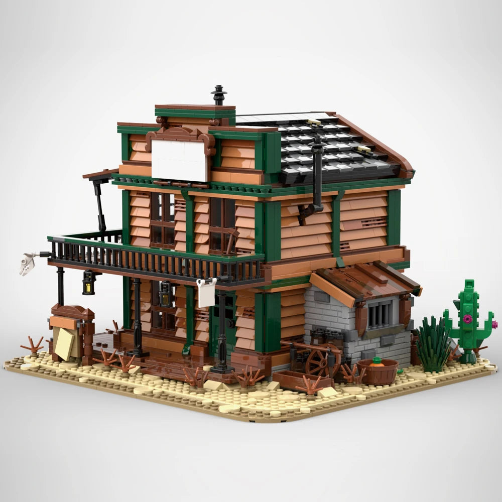 MOC Wild West Two-Story Detached Architecture Building Brick Set featuring a detailed Wild West-themed structure with living area and cell, comprising 3032 pieces, ideal for historical and Western model enthusiasts.