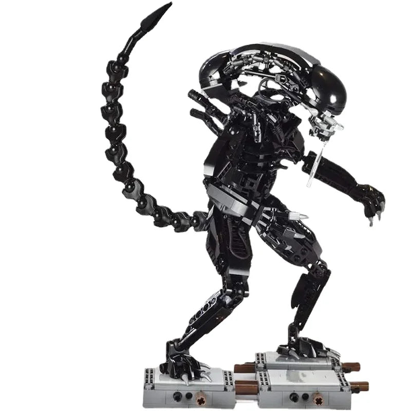 MOC Alien Mech Building Block Set inspired by the Xenomorph from Alien Vs. Predator, featuring a detailed and terrifying design, perfect for sci-fi and horror fans, collectors, and creative builders.