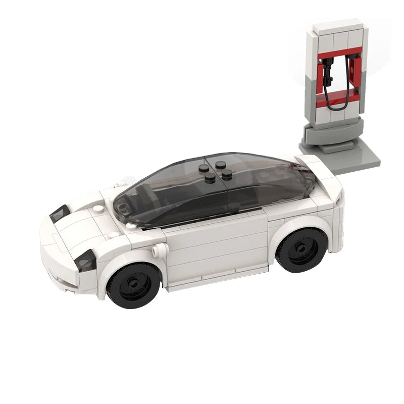 MOC Electric Vehicles Charging Car Model 3 Building Block Set featuring a detailed and realistic electric vehicle and charging station, perfect for STEM learning, eco-conscious builders, and young innovators.