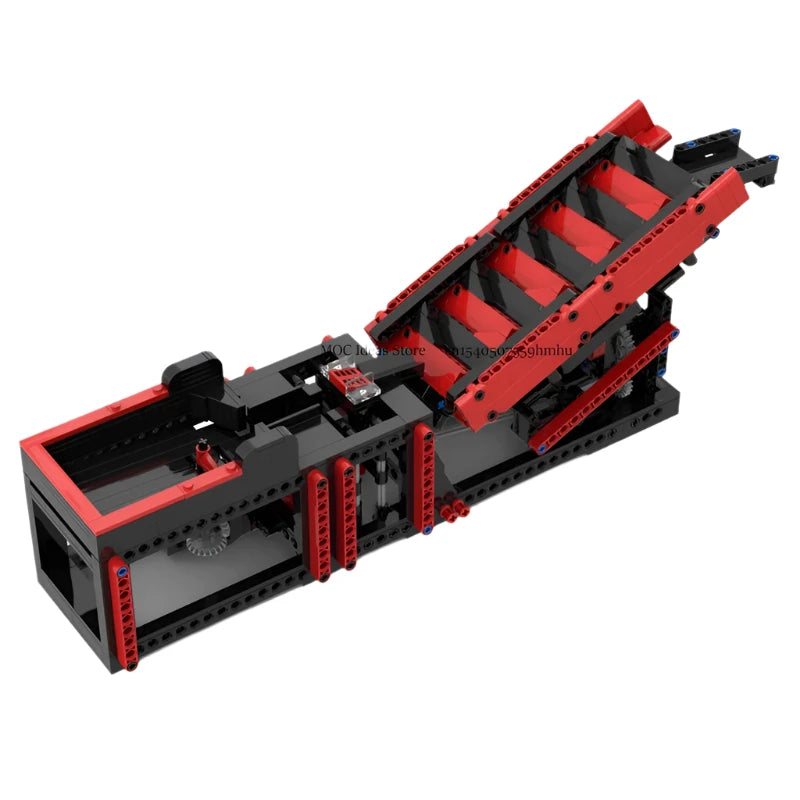 MOC GBC Module Tilt Shift Model Building Blocks featuring a motorized setup that shifts and tilts to move sports balls, perfect for DIY assembly and technology enthusiasts.