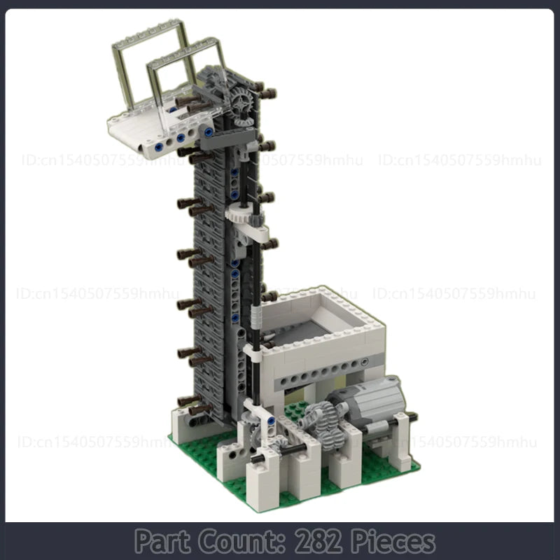 MOC GBC Module Vertical Conveyor White Lifter and Pace Setting Reservoir featuring a motorized conveyor system for lifting and pacing sports balls, perfect for technology and building enthusiasts.