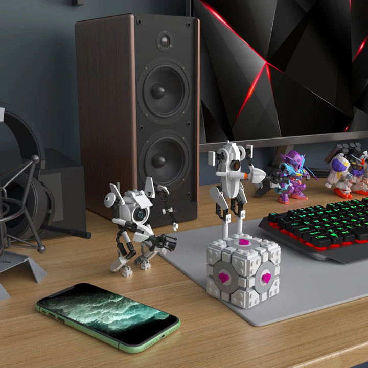 MOC Game Nendoroids-P-Body and Atlas Building Block Set featuring detailed models from Portal 2, ideal for kids, STEM education, and as a DIY birthday gift.