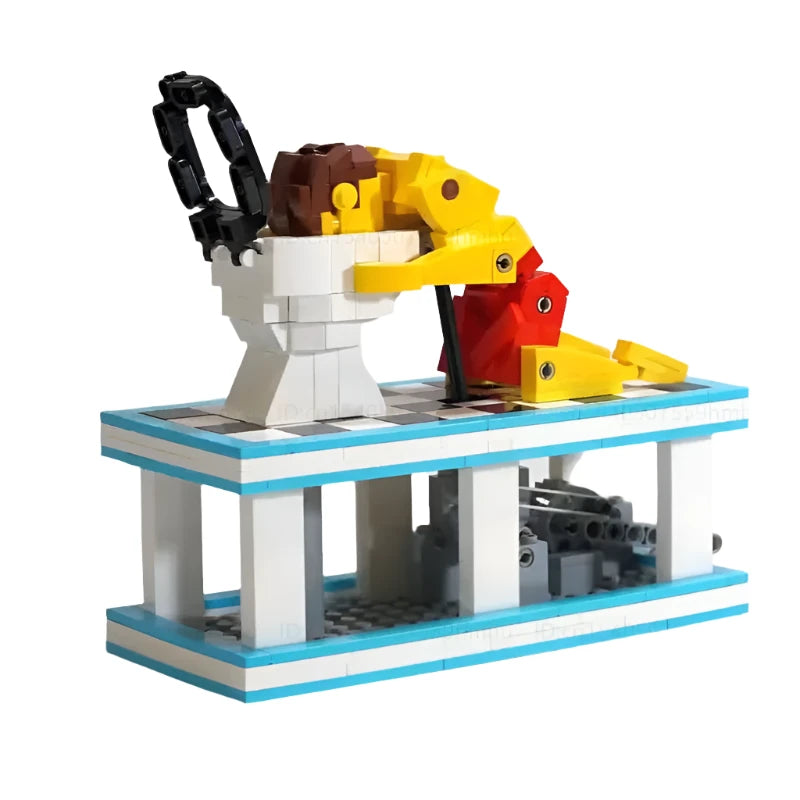 MOC Hangover Motor Building Block Set featuring a humorous mechanical contraption depicting a hungover character leaning over a toilet, perfect for fans of quirky and creative builds.