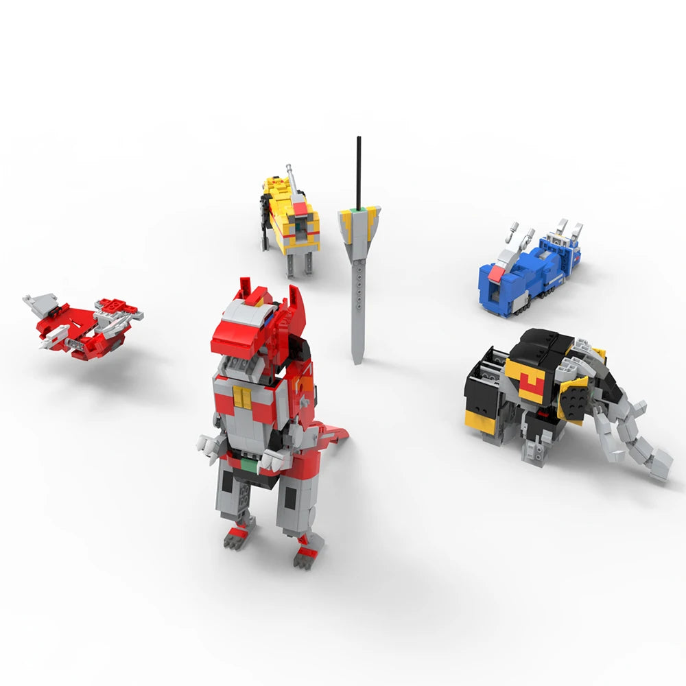 MOC Mecha Transforming Robot Building Blocks Kit showcasing a powerful Megazord action figure in vibrant colors, ideal for kids and Power Rangers fans.