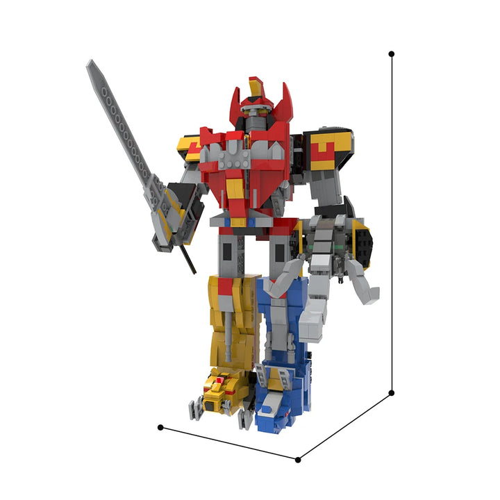 MOC Mecha Transforming Robot Building Blocks Kit showcasing a powerful Megazord action figure in vibrant colors, ideal for kids and Power Rangers fans.