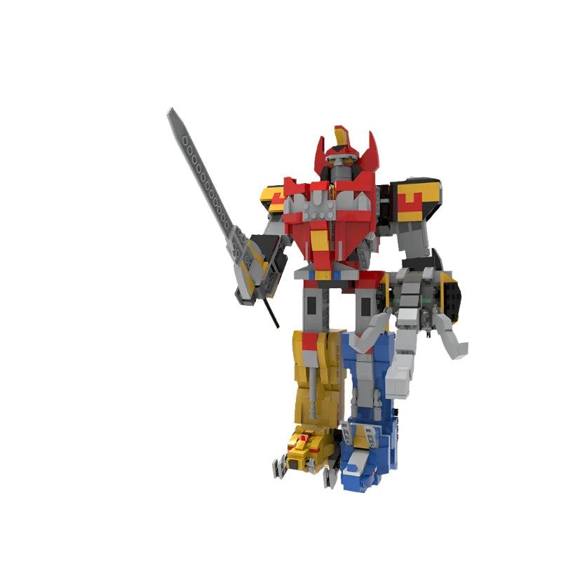 MOC Mecha Transforming Robot Building Blocks Kit showcasing a powerful Megazord action figure in vibrant colors, ideal for kids and Power Rangers fans.