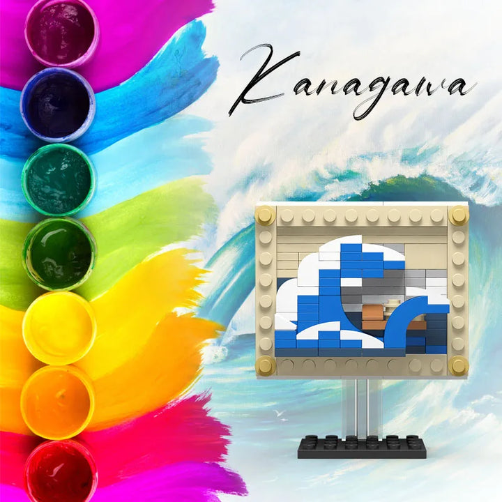  MOC Pixel Art Bricks Paintings Set featuring pixelated recreations of iconic masterpieces like Starry Night, The Great Wave off Kanagawa, and Girl with a Pearl Earring, perfect for art lovers and DIY enthusiasts.