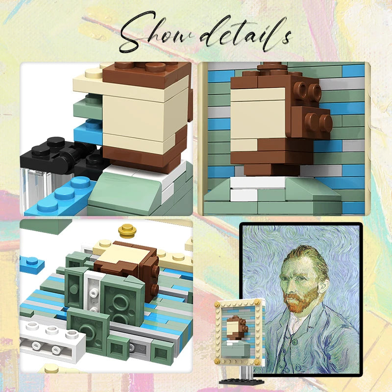  MOC Pixel Art Bricks Paintings Set featuring pixelated recreations of iconic masterpieces like Starry Night, The Great Wave off Kanagawa, and Girl with a Pearl Earring, perfect for art lovers and DIY enthusiasts.