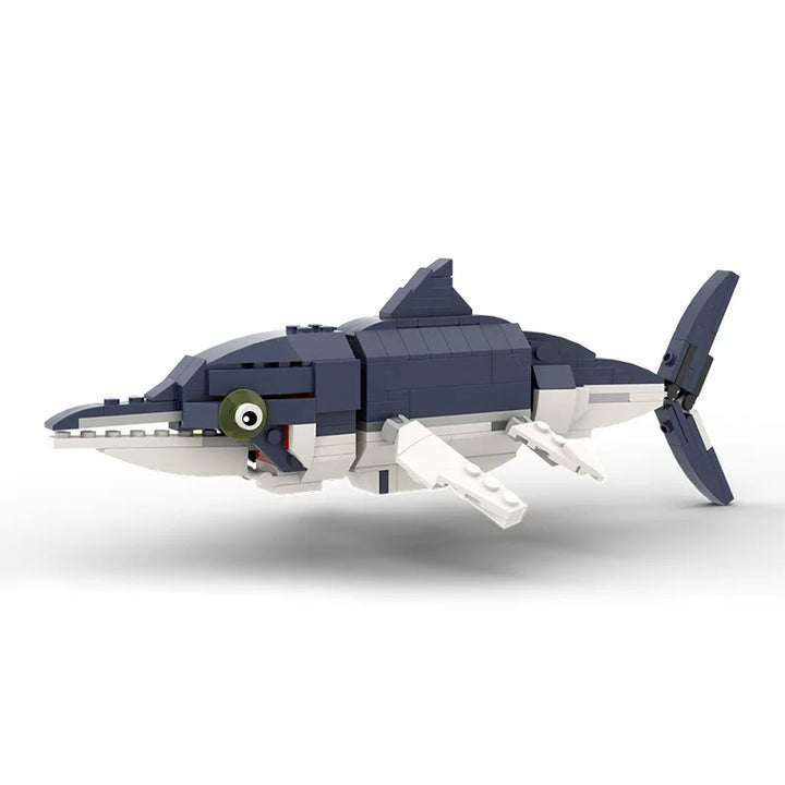  MOC Prehistoric Sea Creatures Gear Shark Building Block Set featuring a detailed, movable prehistoric shark model with 482 pieces, perfect for STEM learning, deep-sea enthusiasts, and creative play.