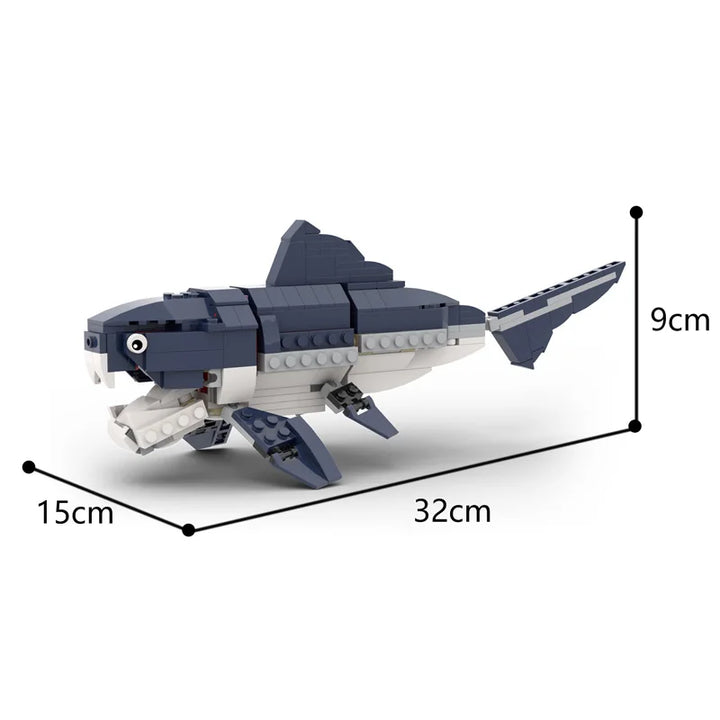  MOC Prehistoric Sea Creatures Gear Shark Building Block Set featuring a detailed, movable prehistoric shark model with 482 pieces, perfect for STEM learning, deep-sea enthusiasts, and creative play.