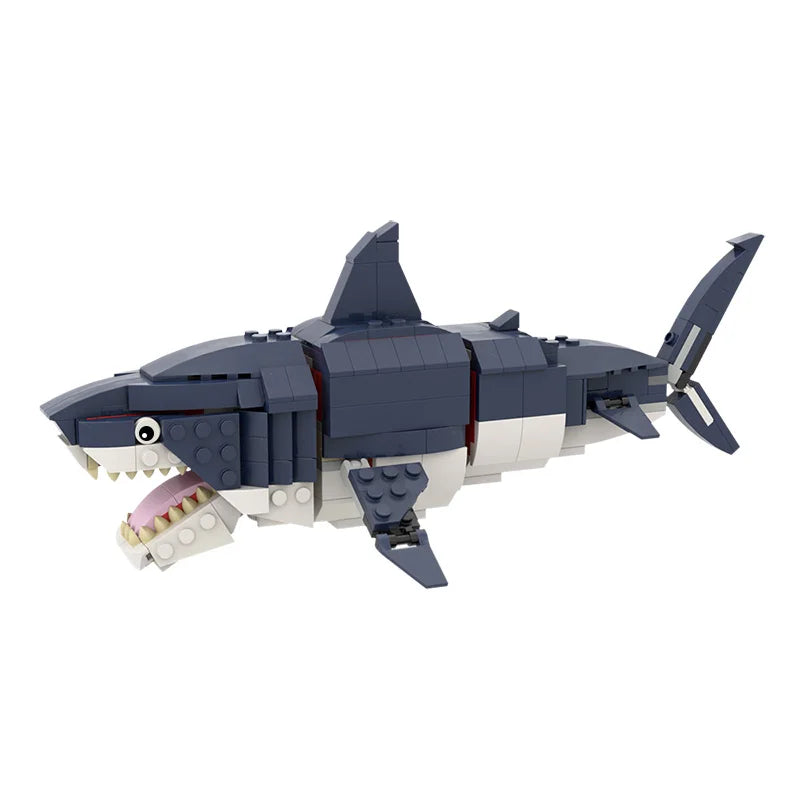  MOC Prehistoric Sea Creatures Gear Shark Building Block Set featuring a detailed, movable prehistoric shark model with 482 pieces, perfect for STEM learning, deep-sea enthusiasts, and creative play.