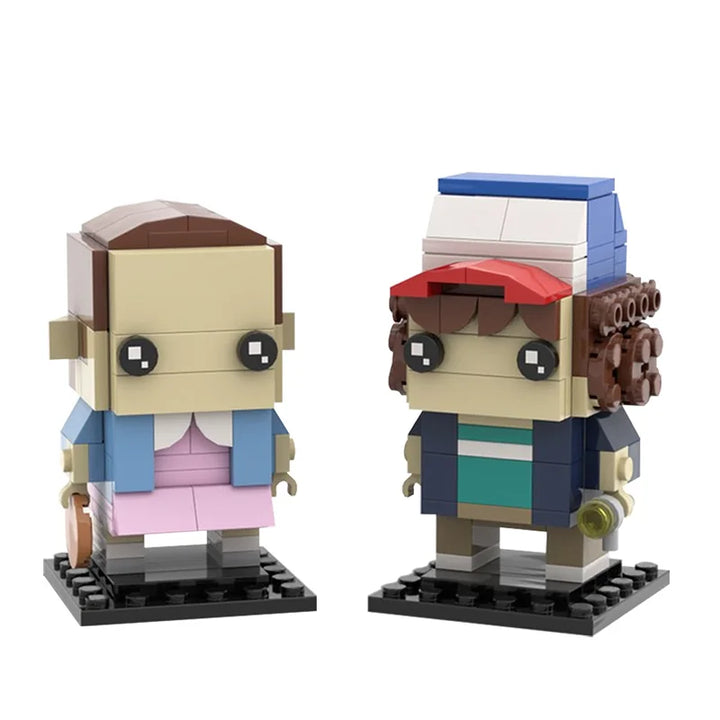 MOC Retro 80s Characters Building Block Set featuring two iconic blockheadz figures from your favorite 80s-inspired TV show, perfect for fans and collectors of nostalgic series