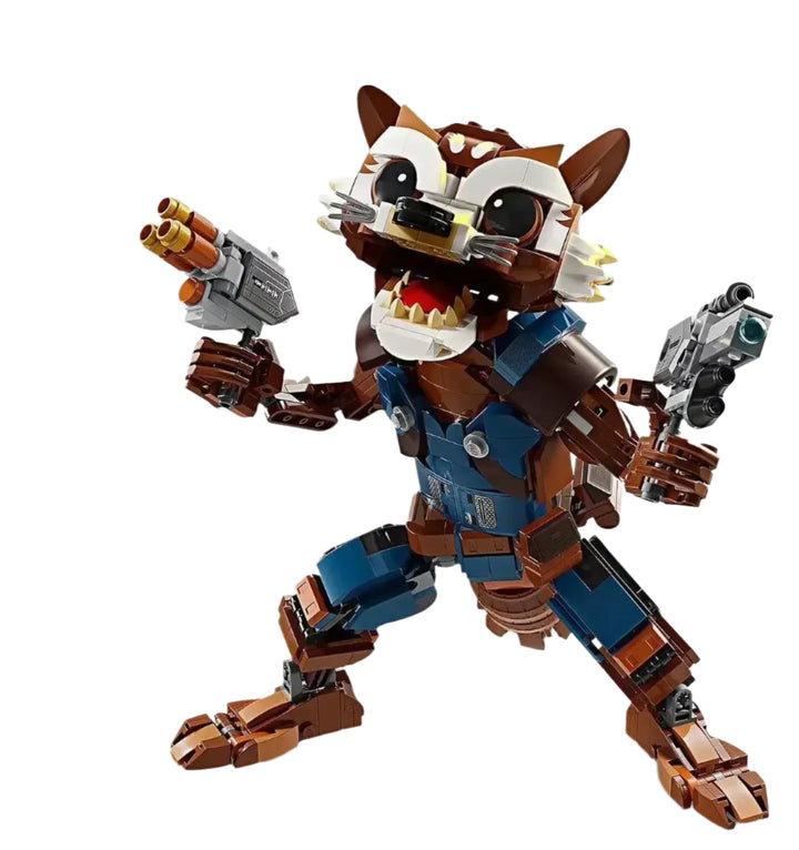MOC Rocket Raccoon Building Block Set featuring an action-packed Space Warrior model with detailed weaponry and expressive features, ideal for kids aged 10+ and fans of cosmic adventures.