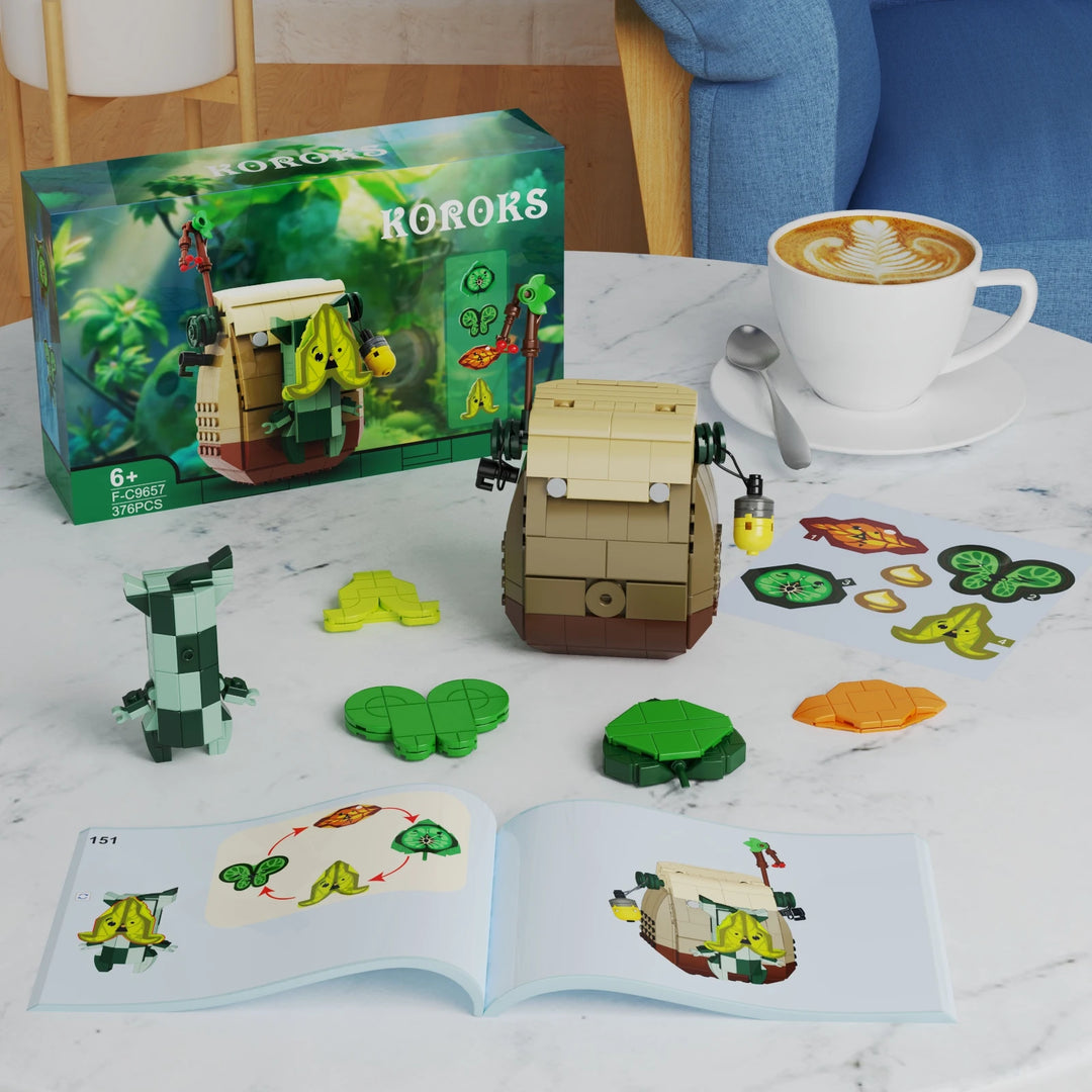 MOC Tears of the Kingdom Korok’s Backpack Building Blocks Kit featuring a detailed Korok character and its iconic backpack, perfect for kids and gaming fans.