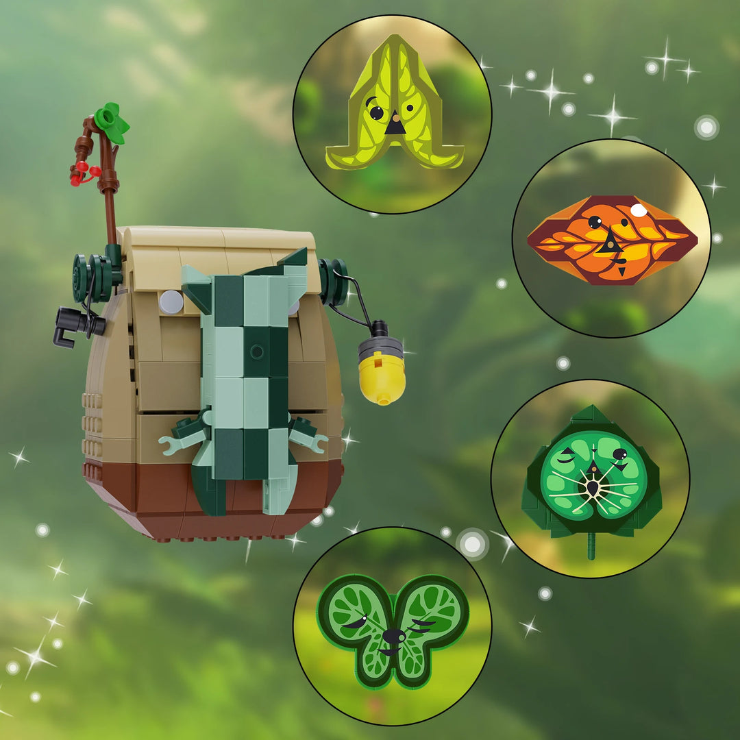 MOC Tears of the Kingdom Korok’s Backpack Building Blocks Kit featuring a detailed Korok character and its iconic backpack, perfect for kids and gaming fans.