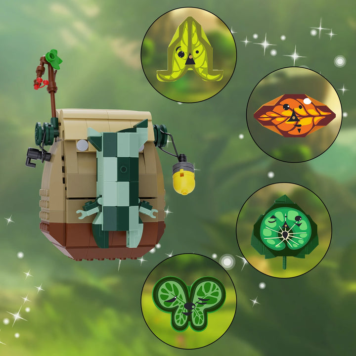 MOC Tears of the Kingdom Korok’s Backpack Building Blocks Kit featuring a detailed Korok character and its iconic backpack, perfect for kids and gaming fans.