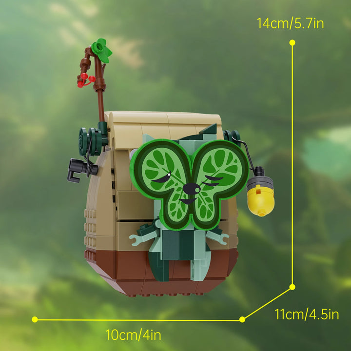 MOC Tears of the Kingdom Korok’s Backpack Building Blocks Kit featuring a detailed Korok character and its iconic backpack, perfect for kids and gaming fans.