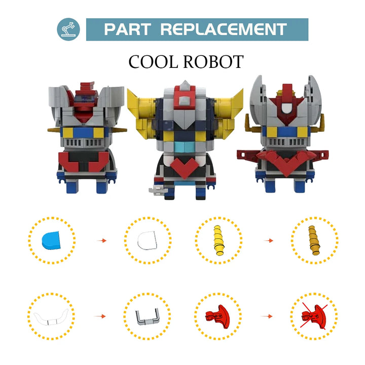 MOC Three God of War Goldrake Robot Brickheadz Mecha Building Blocks Set featuring three detailed mecha robots, perfect for kids and collectors.