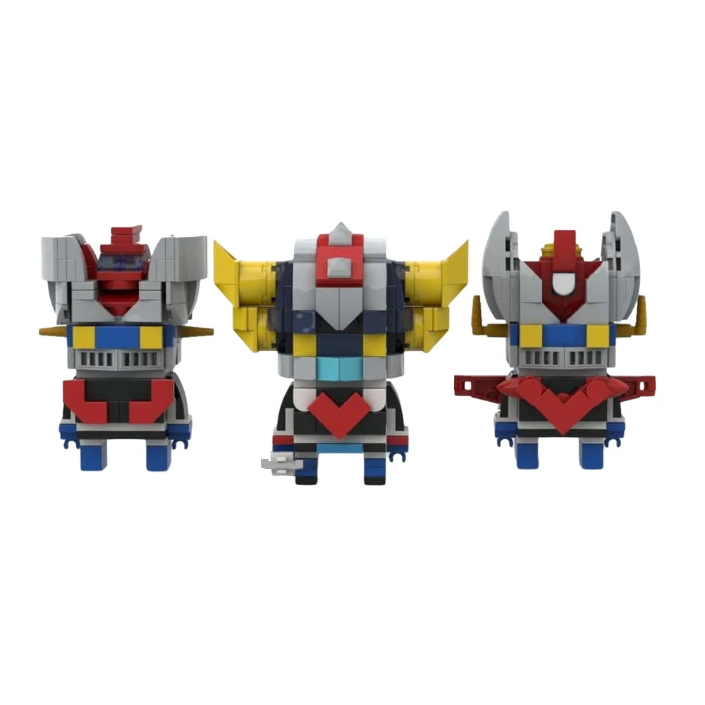 MOC Three God of War Goldrake Robot Brickheadz Mecha Building Blocks Set featuring three detailed mecha robots, perfect for kids and collectors.