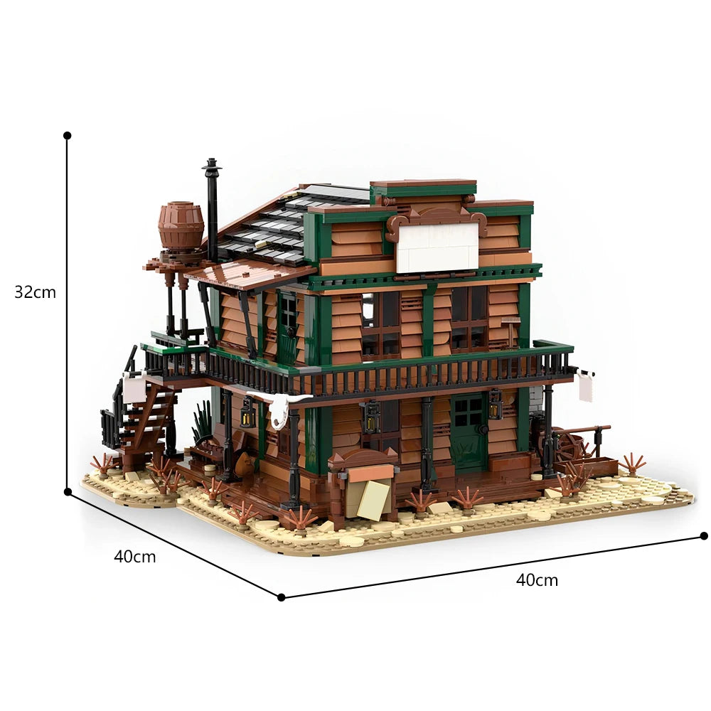 MOC Wild West Two-Story Detached Architecture Building Brick Set featuring a detailed Wild West-themed structure with living area and cell, comprising 3032 pieces, ideal for historical and Western model enthusiasts.
