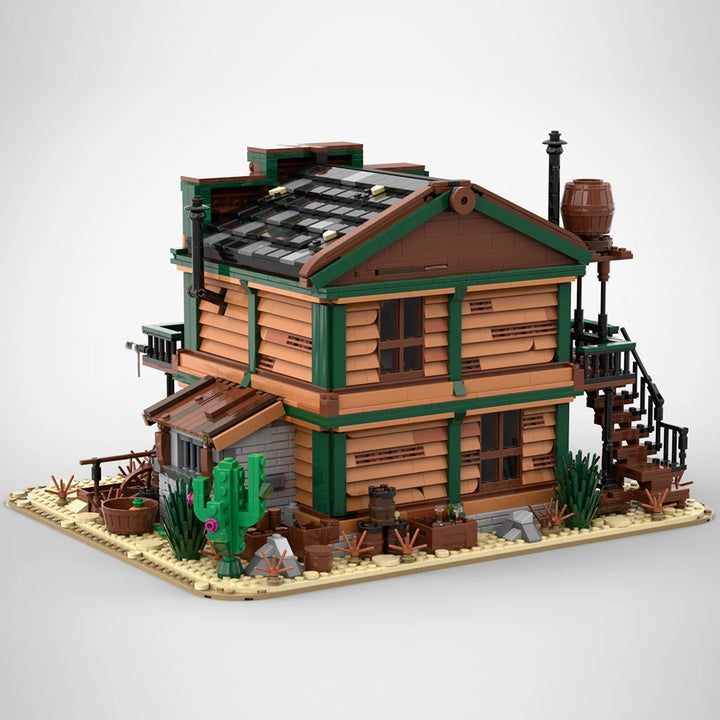 MOC Wild West Two-Story Detached Architecture Building Brick Set featuring a detailed Wild West-themed structure with living area and cell, comprising 3032 pieces, ideal for historical and Western model enthusiasts.