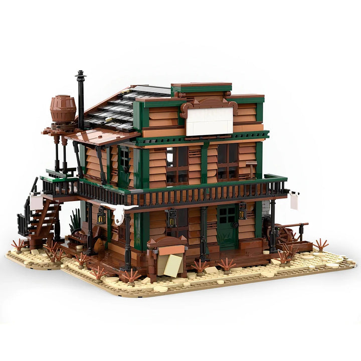 MOC Wild West Two-Story Detached Architecture Building Brick Set featuring a detailed Wild West-themed structure with living area and cell, comprising 3032 pieces, ideal for historical and Western model enthusiasts.