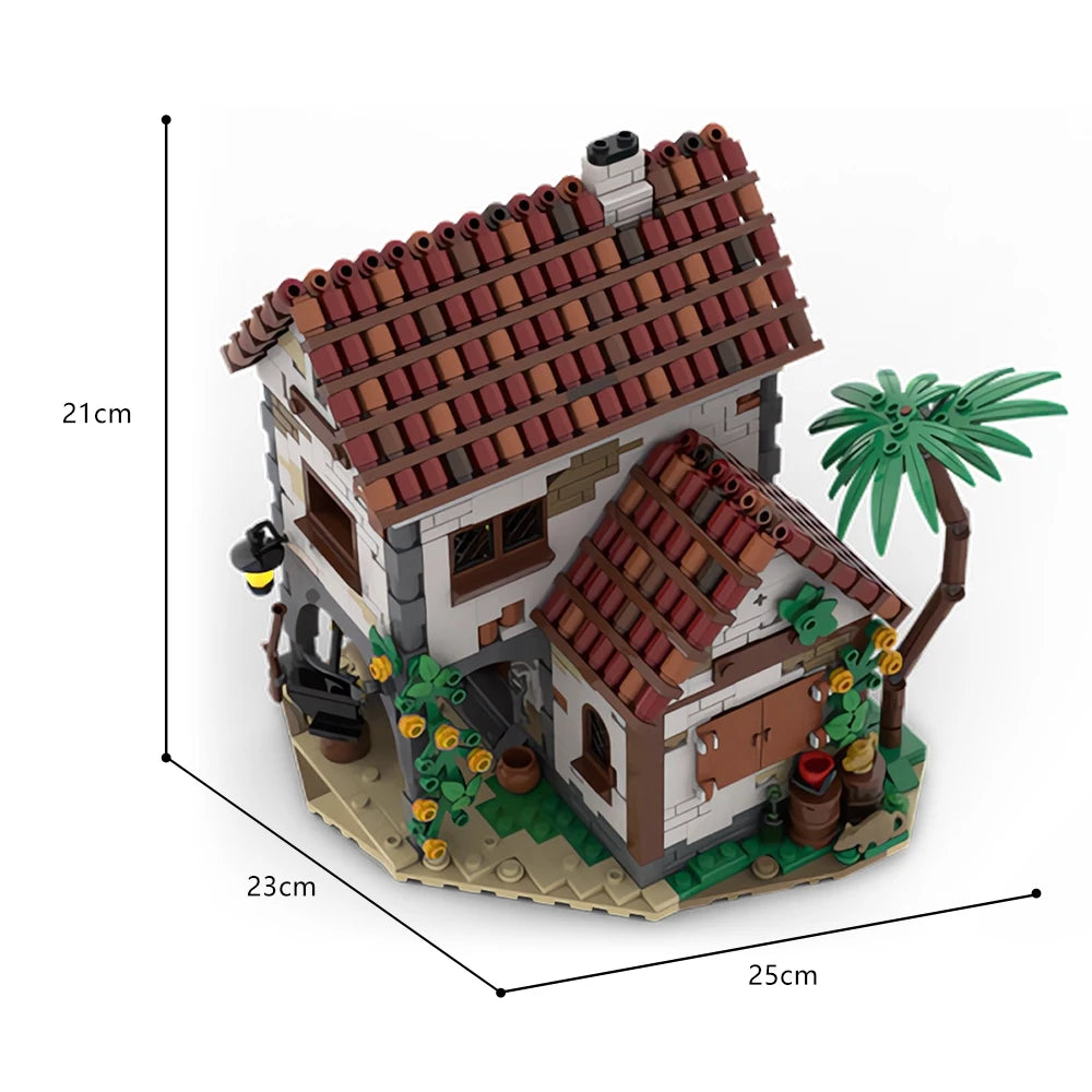 MOC-124328 Eldorado Fortress Pirates of Barracuda Bay Blacksmith’s House Model featuring a detailed fortress and blacksmith’s house, perfect for pirate fans and creative builders.
