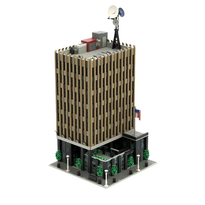 Modular Skyscraper Building Blocks Set featuring a detailed facade, rooftop antennas, and realistic landscaping