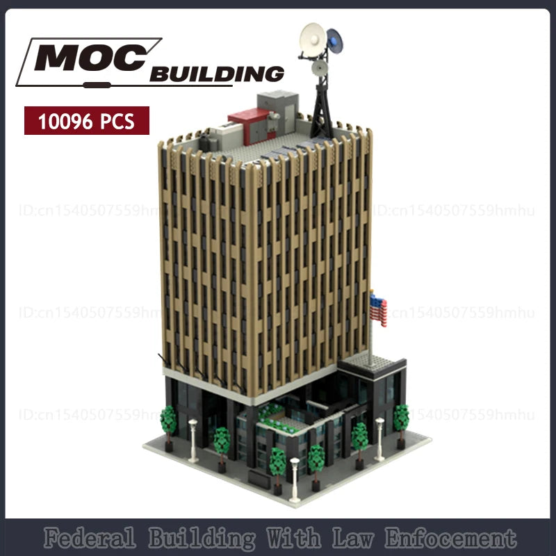 Modular Skyscraper Building Blocks Set featuring a detailed facade, rooftop antennas, and realistic landscaping