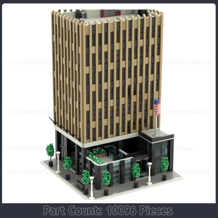 Modular Skyscraper Building Blocks Set featuring a detailed facade, rooftop antennas, and realistic landscaping