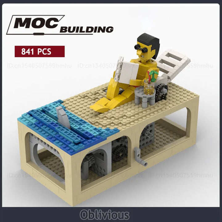 Oblivious Beach Scene Building Blocks Set with 841 Pieces, featuring a sunbather lounging by the pool, detailed deck chair, and vibrant summer colors, perfect for kids and adults
