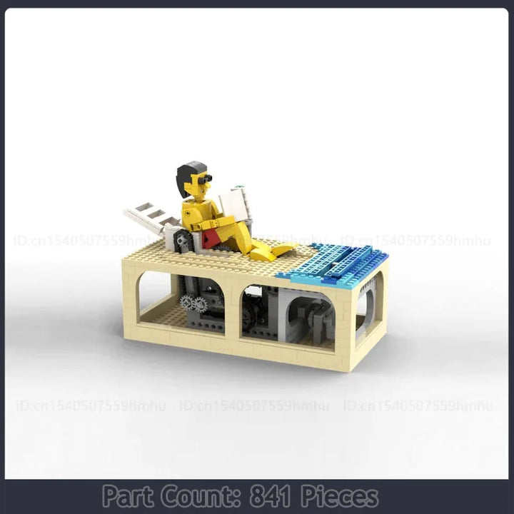 Oblivious Beach Scene Building Blocks Set with 841 Pieces, featuring a sunbather lounging by the pool, detailed deck chair, and vibrant summer colors, perfect for kids and adults