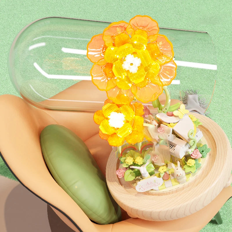 Plant Bonsai Building Blocks featuring a delicate Peony and Hydrangea floral arrangement with a charming rabbit figure, complete with a dust cover, perfect for DIY enthusiasts and kids’ puzzle play.