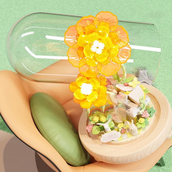 Plant Bonsai Building Blocks featuring a delicate Peony and Hydrangea floral arrangement with a charming rabbit figure, complete with a dust cover, perfect for DIY enthusiasts and kids’ puzzle play.