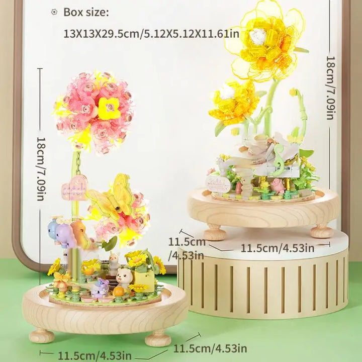 Plant Bonsai Building Blocks featuring a delicate Peony and Hydrangea floral arrangement with a charming rabbit figure, complete with a dust cover, perfect for DIY enthusiasts and kids’ puzzle play.