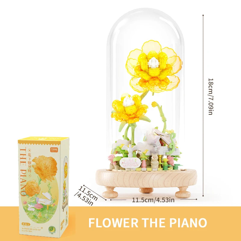 Plant Bonsai Building Blocks featuring a delicate Peony and Hydrangea floral arrangement with a charming rabbit figure, complete with a dust cover, perfect for DIY enthusiasts and kids’ puzzle play.