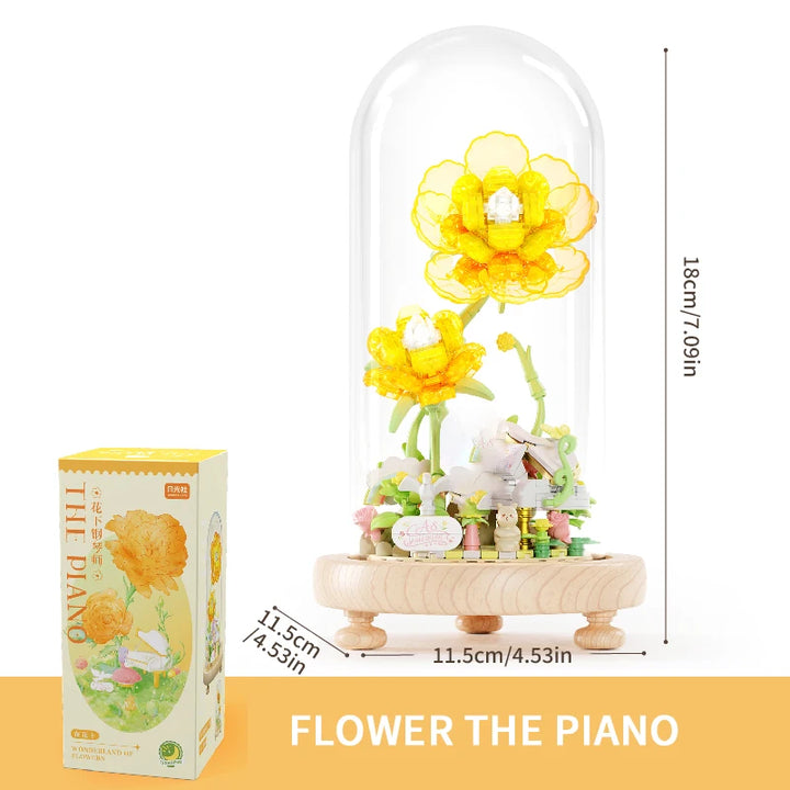 Plant Bonsai Building Blocks featuring a delicate Peony and Hydrangea floral arrangement with a charming rabbit figure, complete with a dust cover, perfect for DIY enthusiasts and kids’ puzzle play.