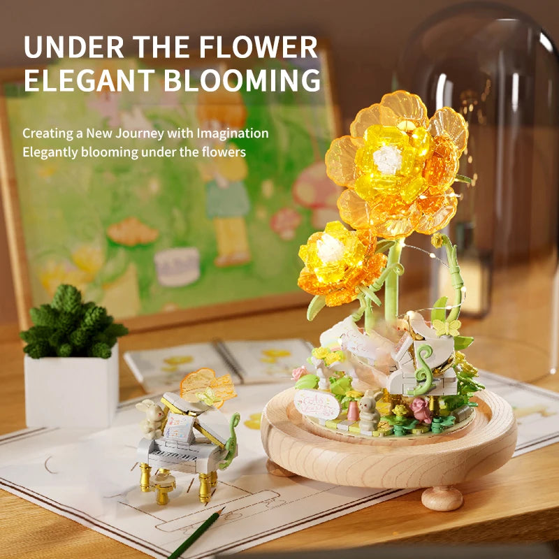 Plant Bonsai Building Blocks featuring a delicate Peony and Hydrangea floral arrangement with a charming rabbit figure, complete with a dust cover, perfect for DIY enthusiasts and kids’ puzzle play.