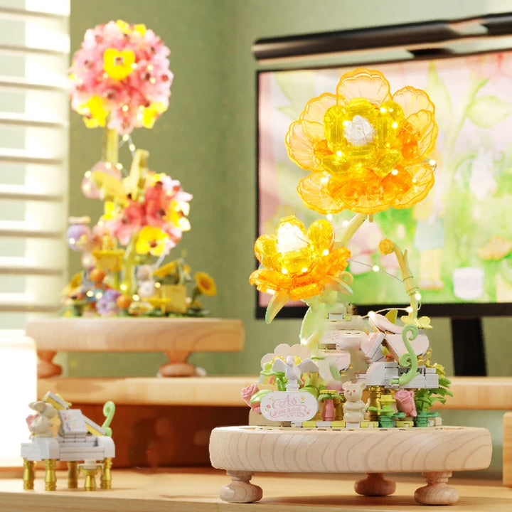 Plant Bonsai Building Blocks featuring a delicate Peony and Hydrangea floral arrangement with a charming rabbit figure, complete with a dust cover, perfect for DIY enthusiasts and kids’ puzzle play.